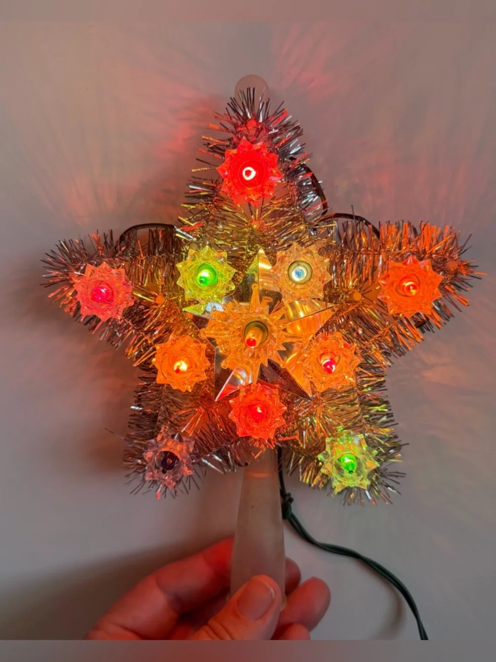 VTG MCM Silver Tinsel Blinking Light Star Tree Topper Multicolor Lights Works!